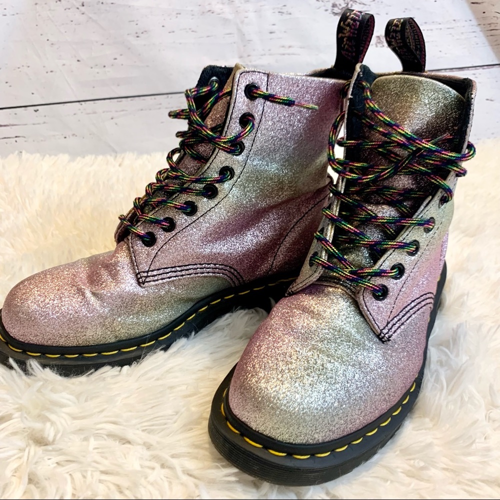 Dr. Martens Iridescent Glitter Combat Boots - Pink & Silver Shift